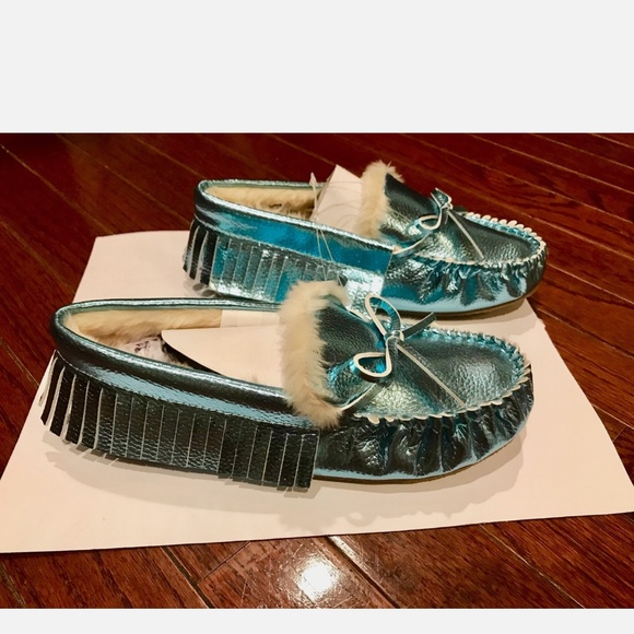 J.CREW GIRLS' METALLIC MOCCASINS SIZE K5 METALLIC BLUE J8032 - Picture 2 of 8
